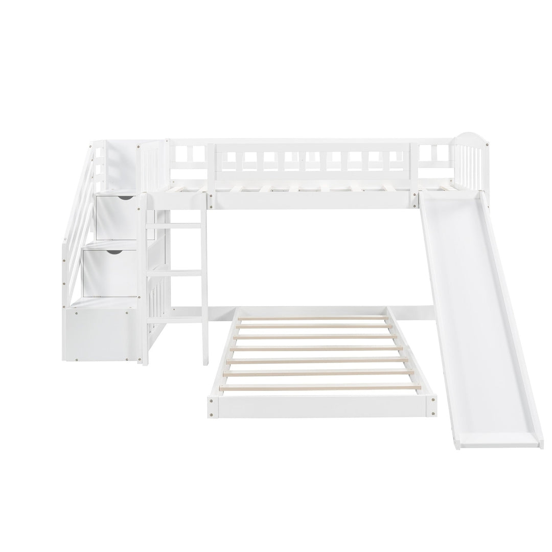 White Twin Over Twin Perpendicular Bunk Bed with Storage Stairs and Slide Image 4