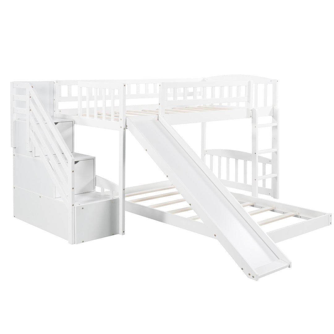 White Twin Over Twin Perpendicular Bunk Bed with Storage Stairs and Slide Image 5