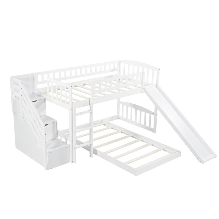 White Twin Over Twin Perpendicular Bunk Bed with Storage Stairs and Slide Image 6