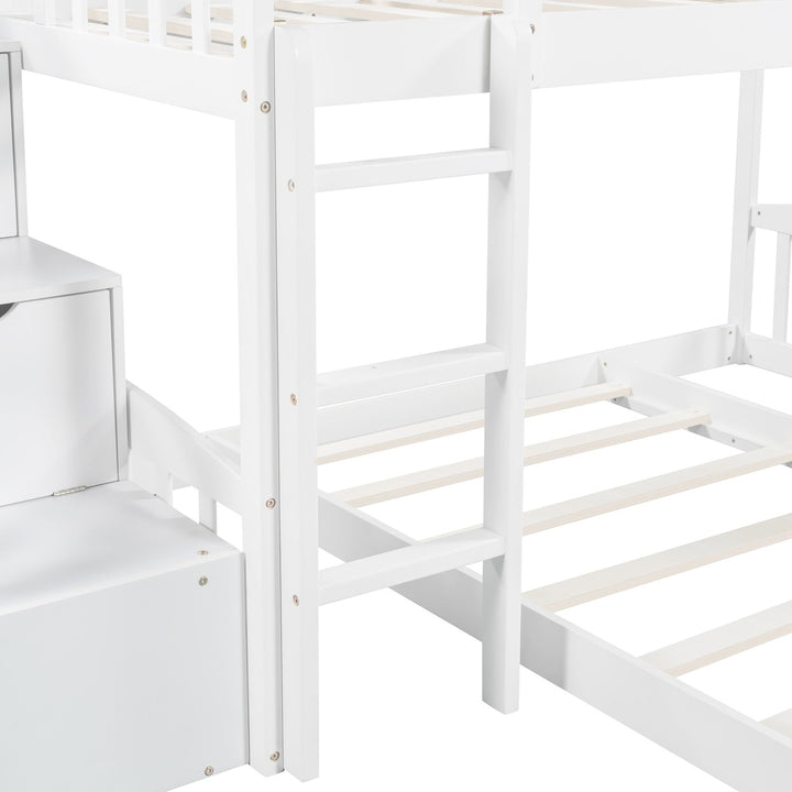 White Twin Over Twin Perpendicular Bunk Bed with Storage Stairs and Slide Image 7