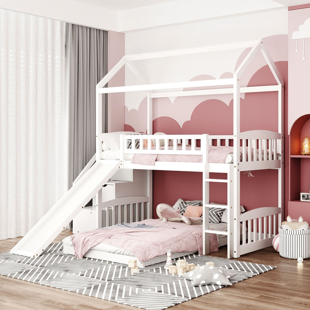 White Twin Over Twin PlayHouse Perpendicular Bunk Bed with Slide Image 2