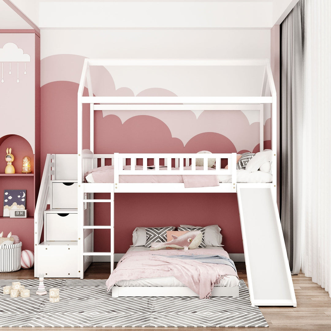 White Twin Over Twin PlayHouse Perpendicular Bunk Bed with Slide Image 3