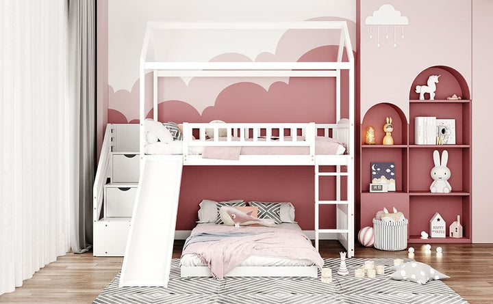 White Twin Over Twin PlayHouse Perpendicular Bunk Bed with Slide Image 4