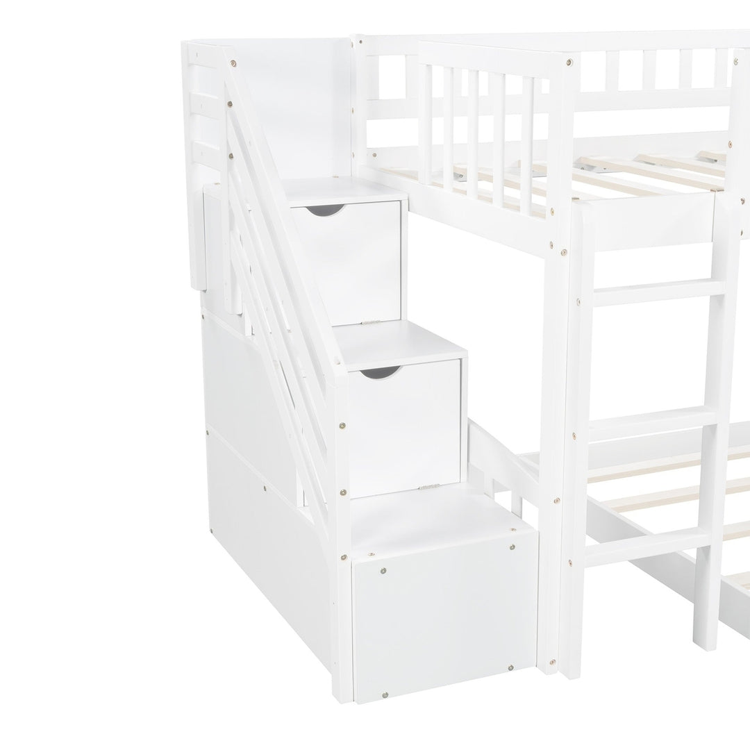 White Twin Over Twin Perpendicular Bunk Bed with Storage Stairs and Slide Image 9