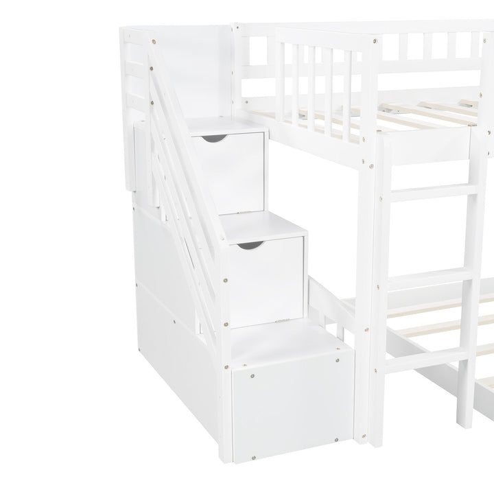 White Twin Over Twin Perpendicular Bunk Bed with Storage Stairs and Slide Image 9