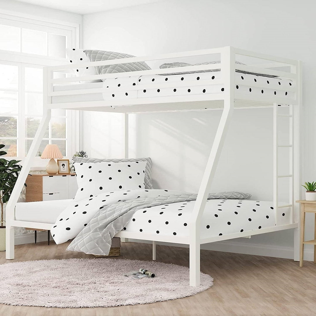 Twin over Full Modern Metal Bunk bed Frame in White with Ladder Image 1