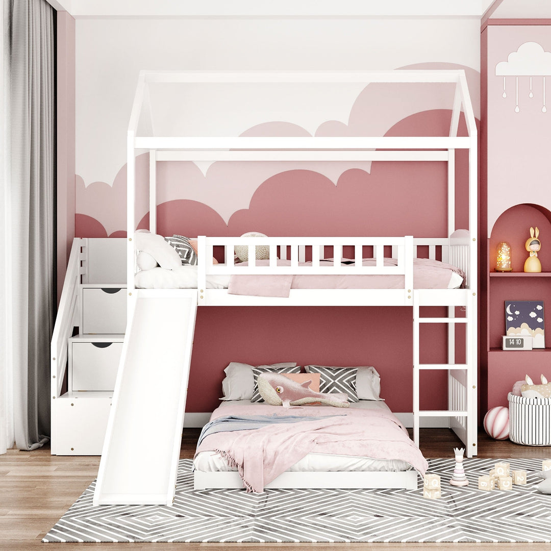 White Twin Over Twin PlayHouse Perpendicular Bunk Bed with Slide Image 5