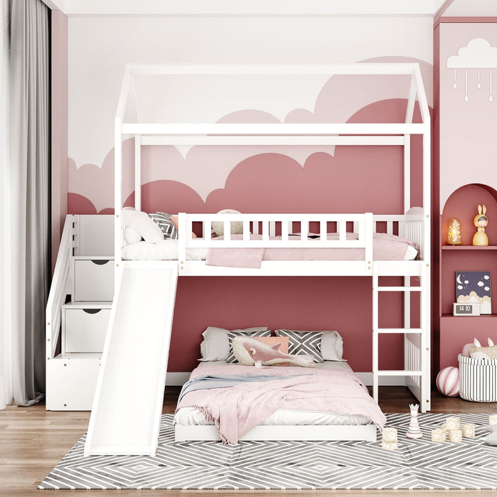 White Twin Over Twin PlayHouse Perpendicular Bunk Bed with Slide Image 5