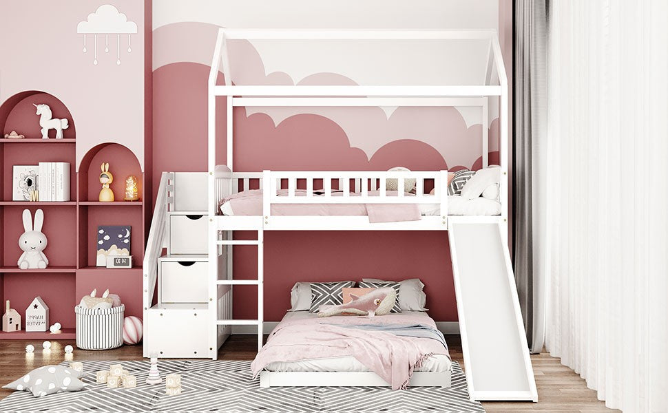 White Twin Over Twin PlayHouse Perpendicular Bunk Bed with Slide Image 6