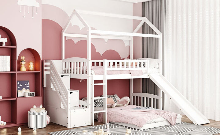 White Twin Over Twin PlayHouse Perpendicular Bunk Bed with Slide Image 7