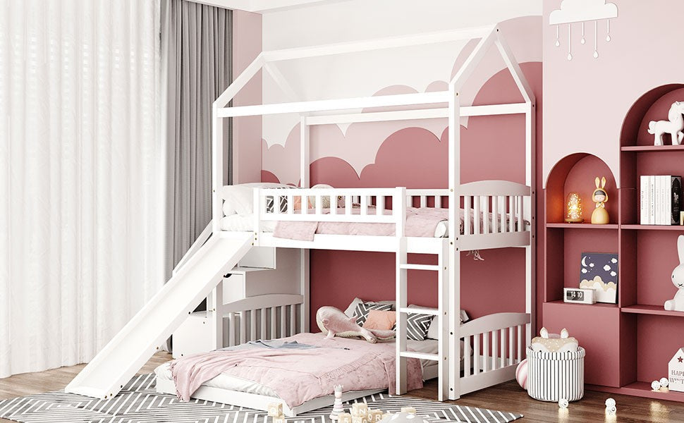 White Twin Over Twin PlayHouse Perpendicular Bunk Bed with Slide Image 8