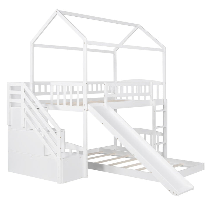 White Twin Over Twin PlayHouse Perpendicular Bunk Bed with Slide Image 9