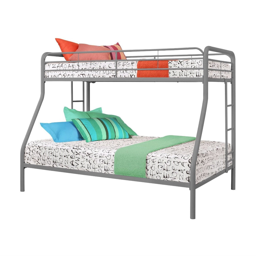 Twin over Full size Sturdy Metal Bunk Bed in Silver Finish Image 1