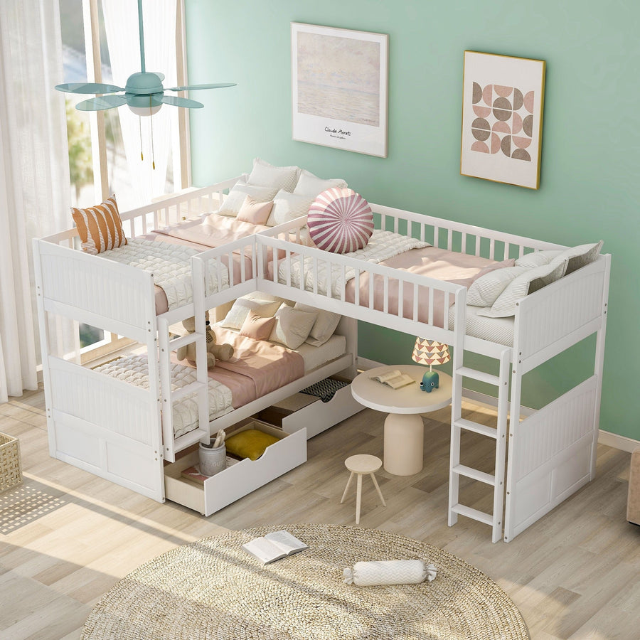 White Twin Size Bunk Bed with attached Loft Bed and Drawers Image 1