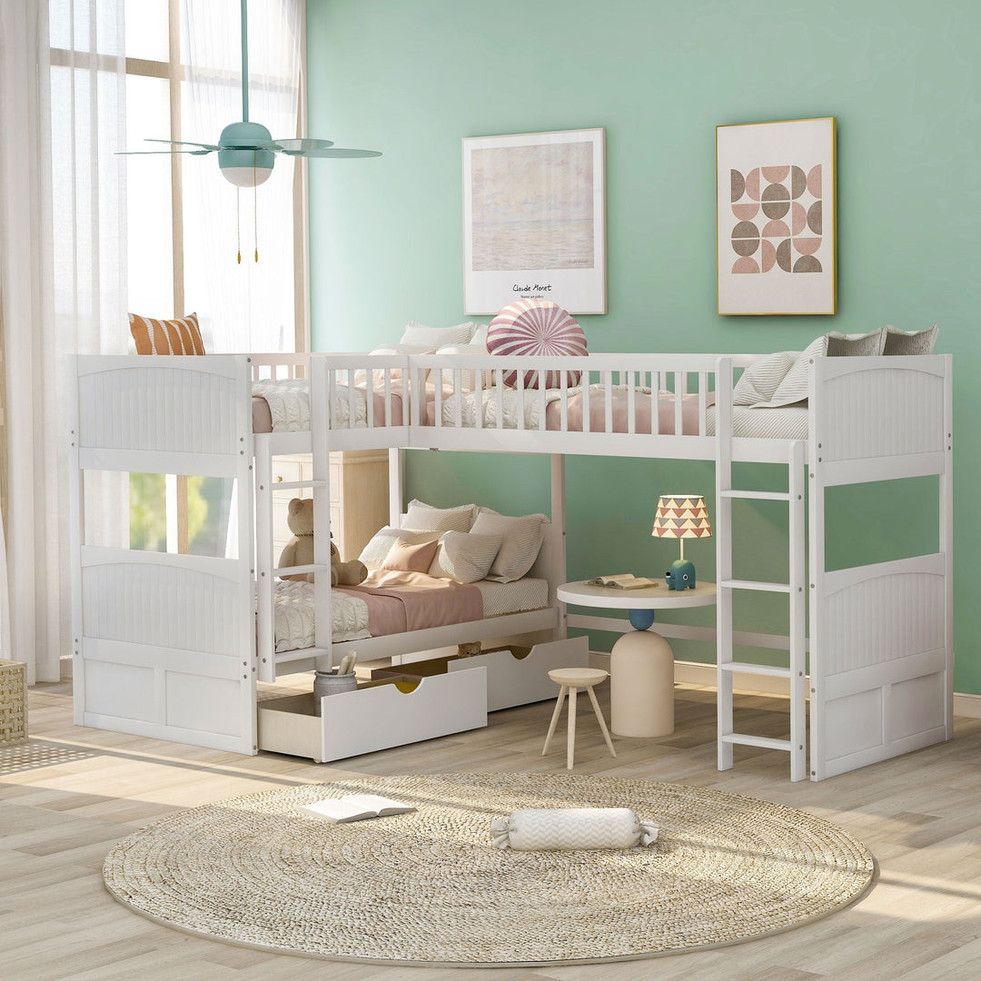 White Twin Size Bunk Bed with attached Loft Bed and Drawers Image 3