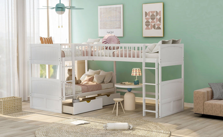 White Twin Size Bunk Bed with attached Loft Bed and Drawers Image 4