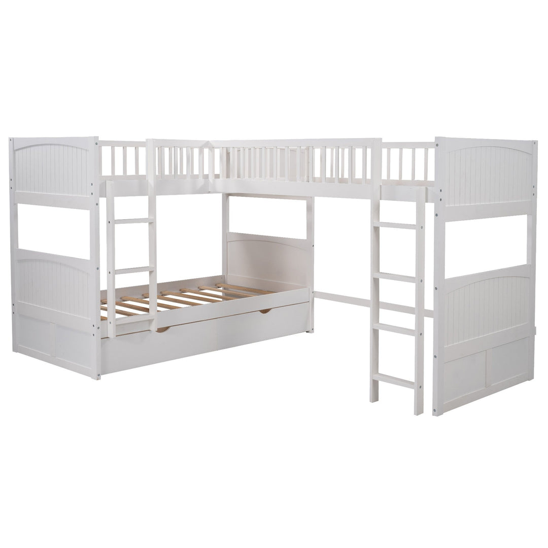 White Twin Size Bunk Bed with attached Loft Bed and Drawers Image 5