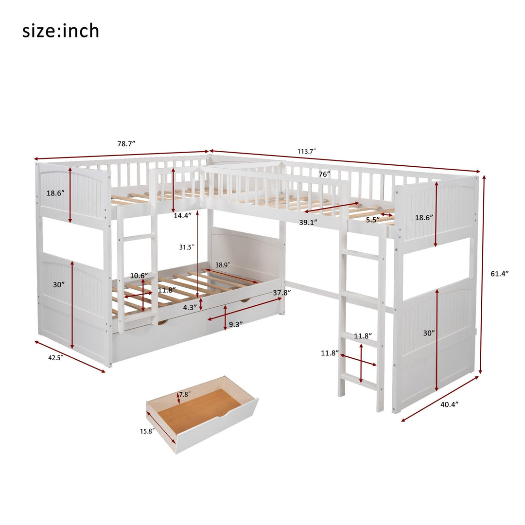 White Twin Size Bunk Bed with attached Loft Bed and Drawers Image 6