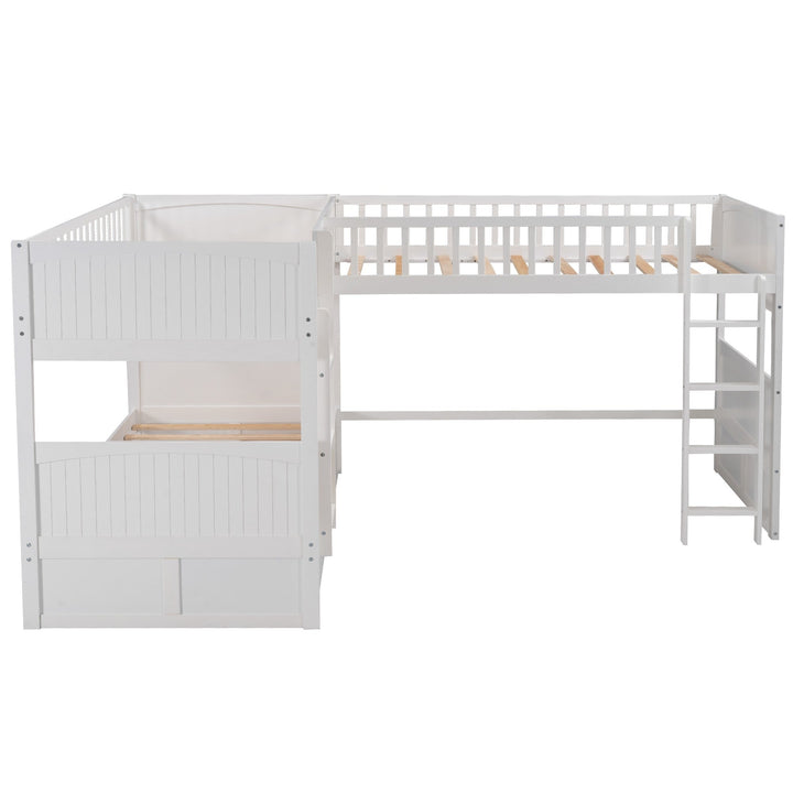 White Twin Size Bunk Bed with attached Loft Bed and Drawers Image 7