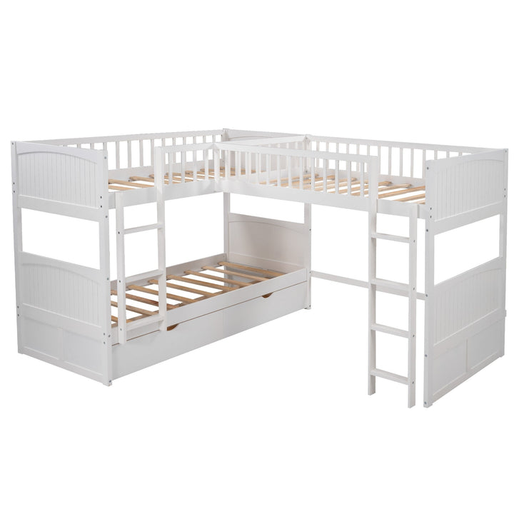 White Twin Size Bunk Bed with attached Loft Bed and Drawers Image 8