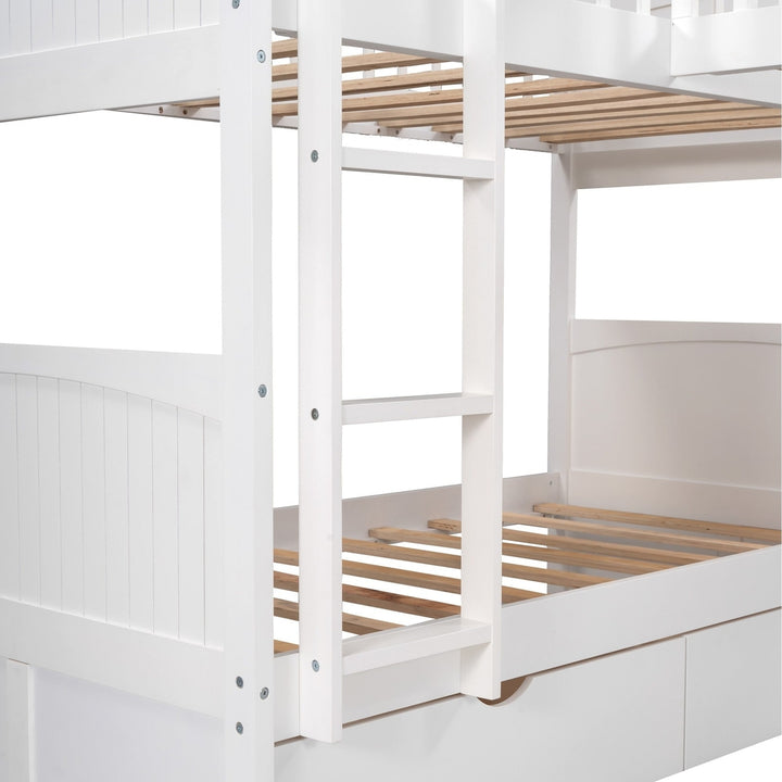 White Twin Size Bunk Bed with attached Loft Bed and Drawers Image 9