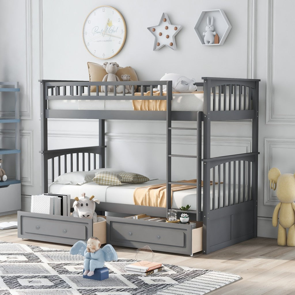 Twin over Twin Bunk Bed Drawers Convertible Beds Gray Image 1