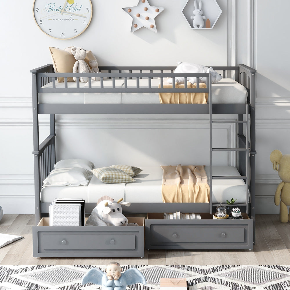 Twin over Twin Bunk Bed Drawers Convertible Beds Gray Image 2