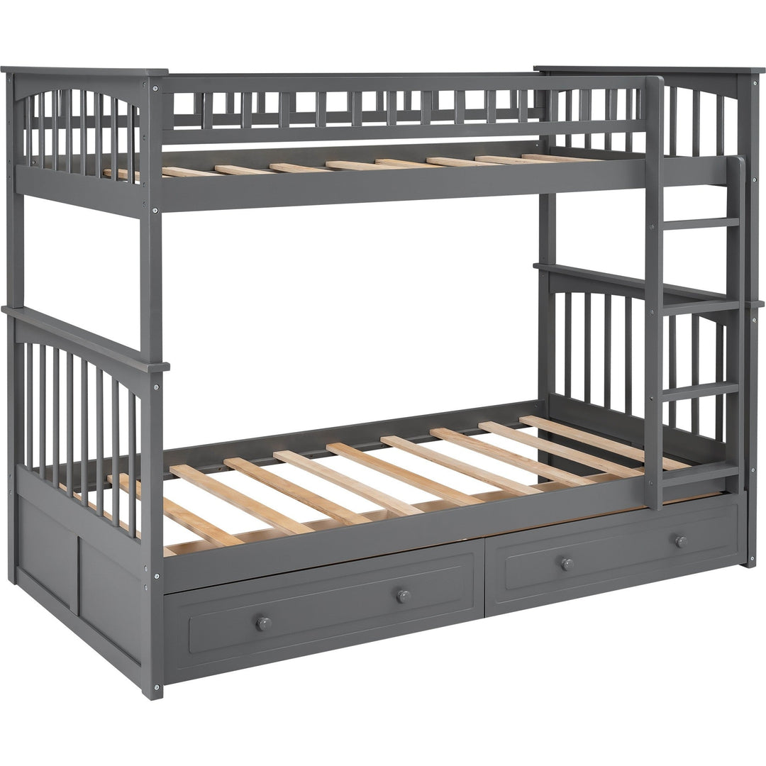 Twin over Twin Bunk Bed Drawers Convertible Beds Gray Image 4