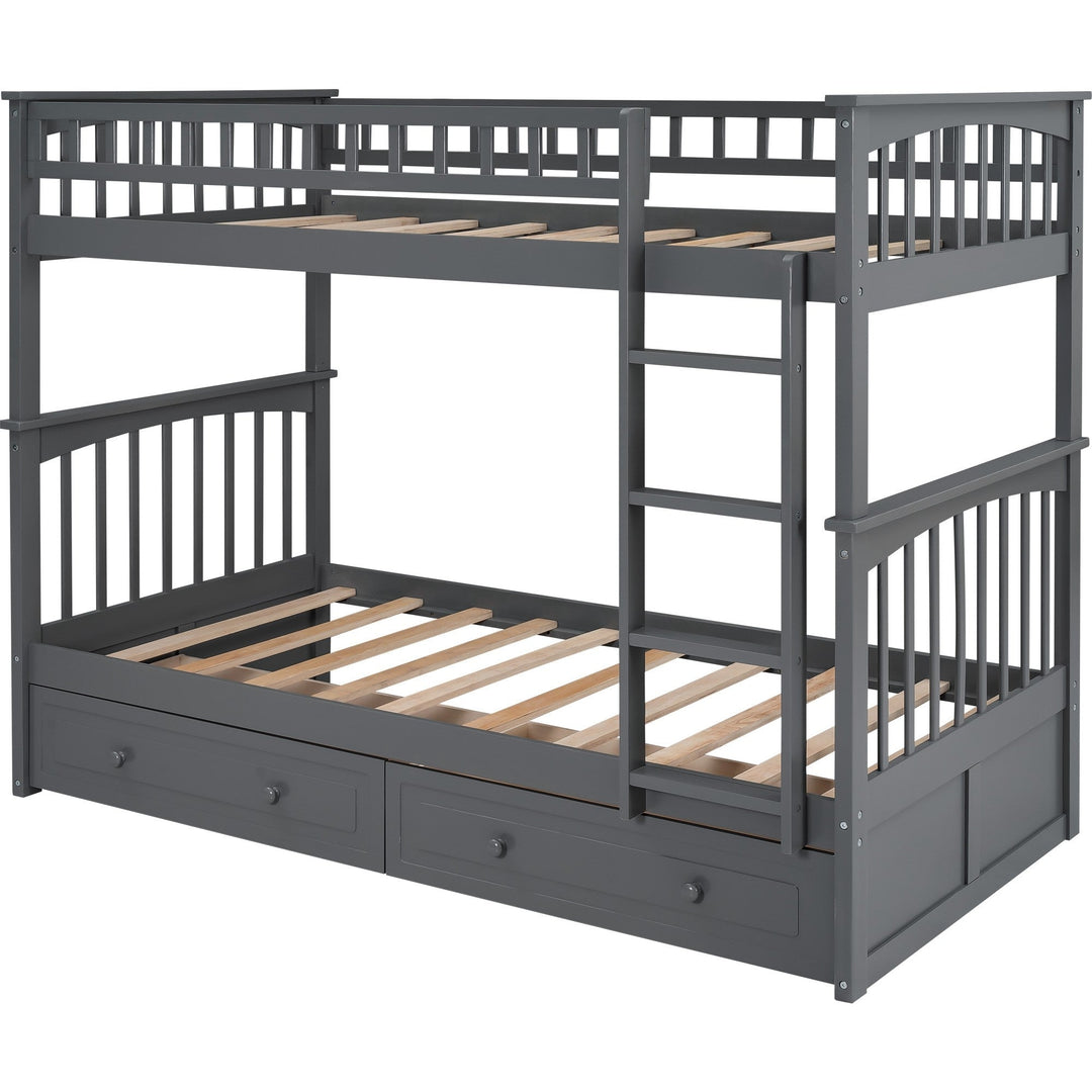 Twin over Twin Bunk Bed Drawers Convertible Beds Gray Image 5