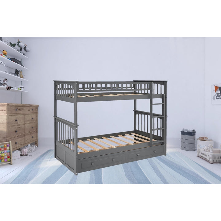 Twin over Twin Bunk Bed Drawers Convertible Beds Gray Image 11