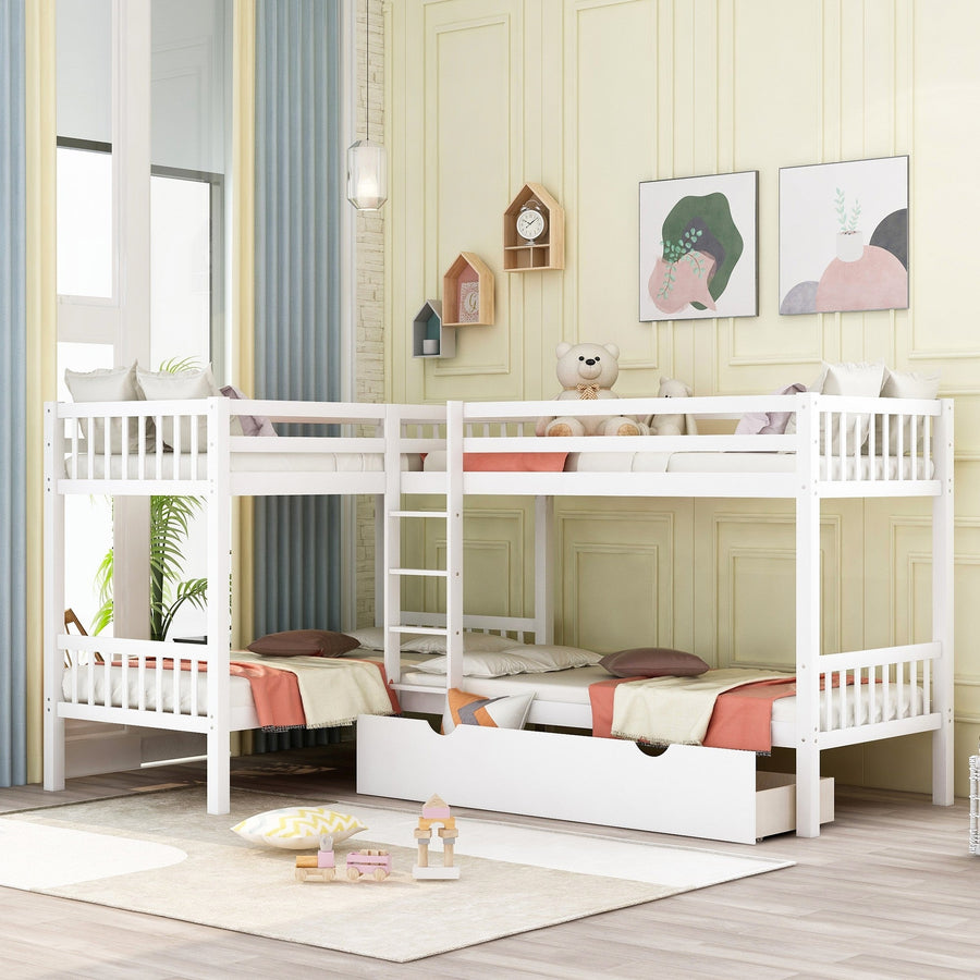 White Twin Size L Shaped Double Bunk Bed with Drawer Image 1