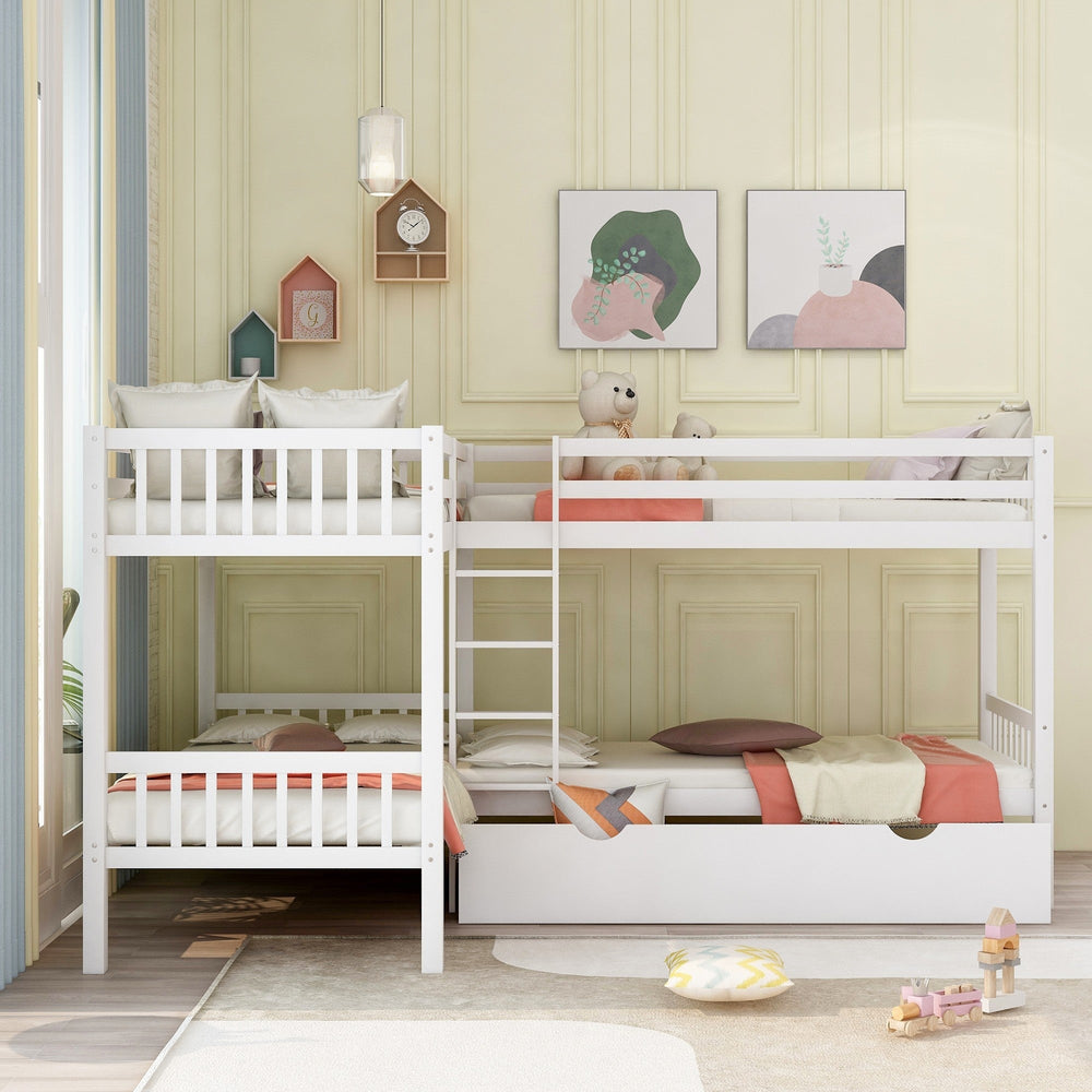 White Twin Size L Shaped Double Bunk Bed with Drawer Image 2