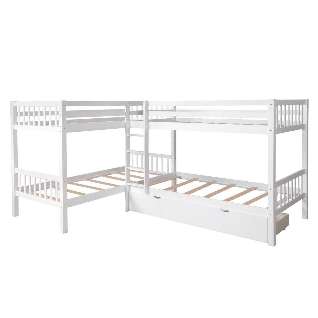 White Twin Size L Shaped Double Bunk Bed with Drawer Image 3