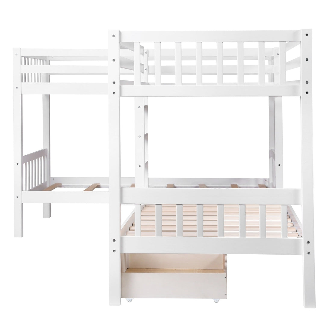 White Twin Size L Shaped Double Bunk Bed with Drawer Image 9