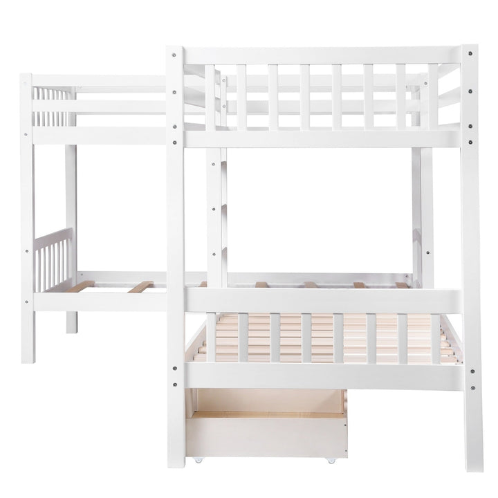 White Twin Size L Shaped Double Bunk Bed with Drawer Image 9