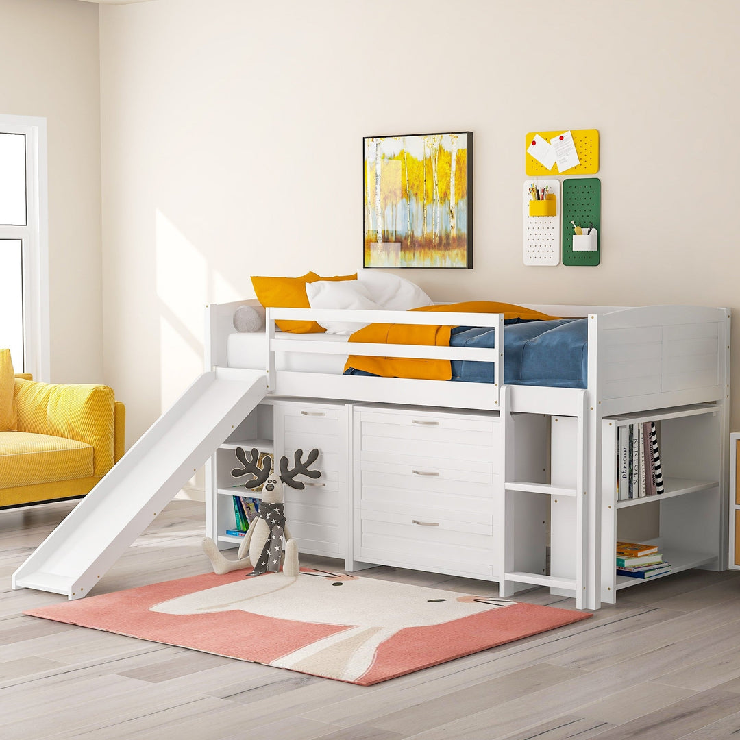 White Twin Size Low Loft Bed With Cabinets and Slide Image 1