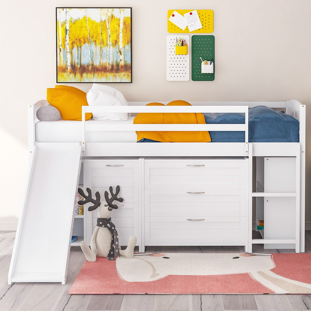 White Twin Size Low Loft Bed With Cabinets and Slide Image 2