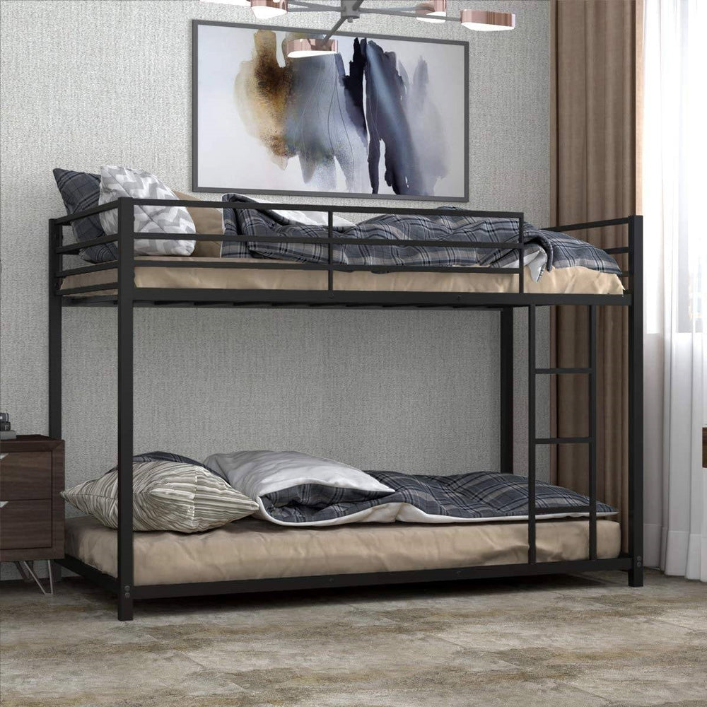 Twin over Twin Low Profile Modern Bunk Bed Frame in Black Metal Finish Image 2