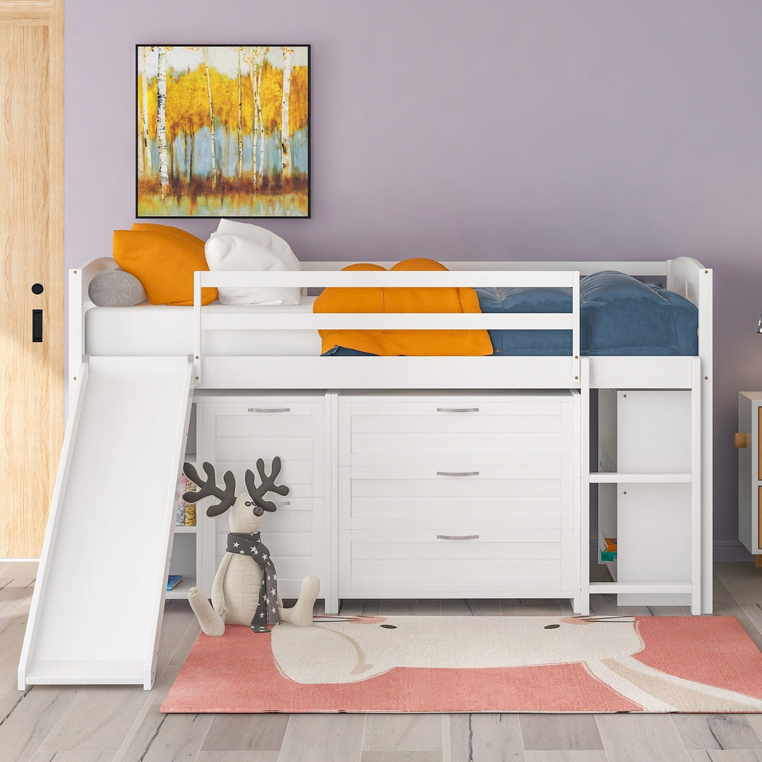 White Twin Size Low Loft Bed With Cabinets and Slide Image 3