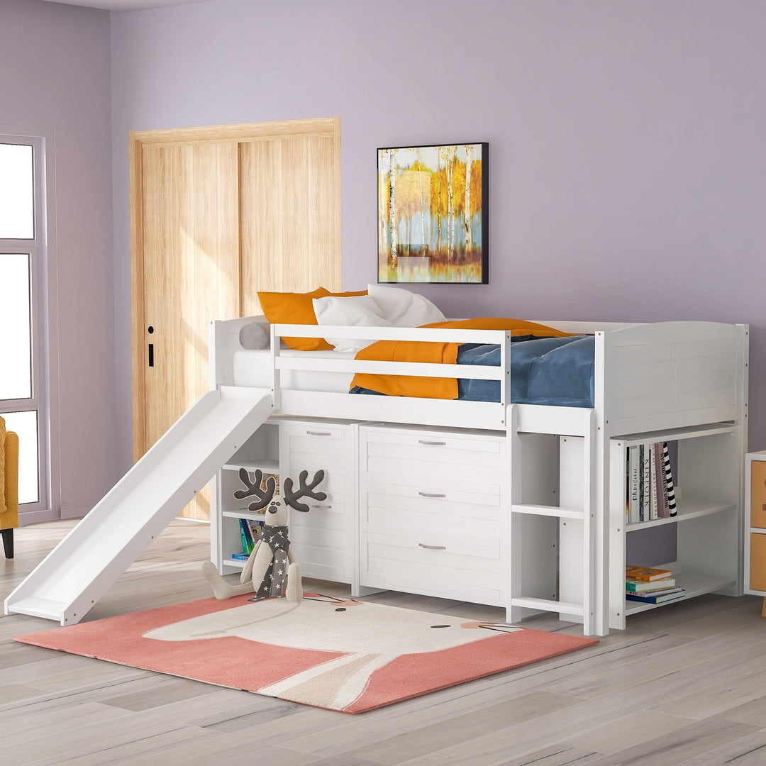 White Twin Size Low Loft Bed With Cabinets and Slide Image 4