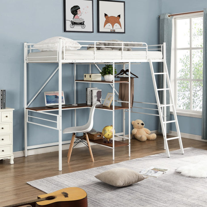 White Twin Size Metal Loft Bed With Desk and Shelves Image 1