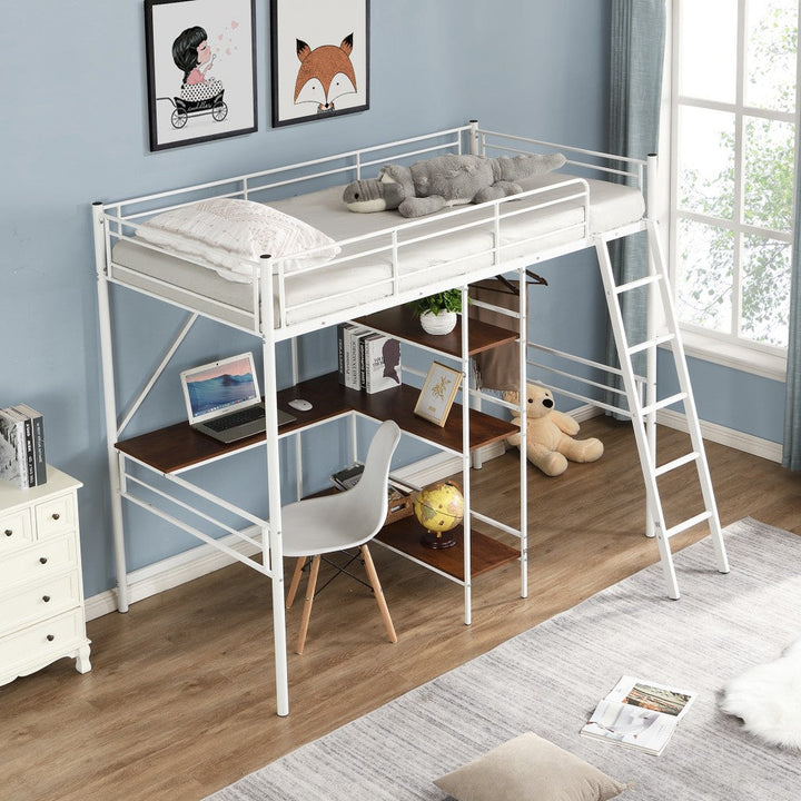 White Twin Size Metal Loft Bed With Desk and Shelves Image 2