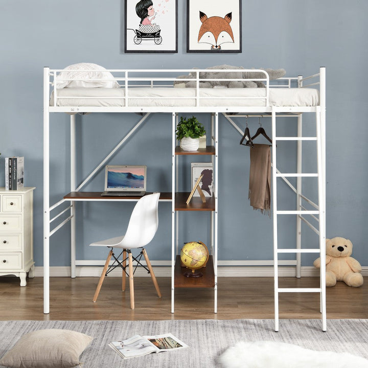 White Twin Size Metal Loft Bed With Desk and Shelves Image 3