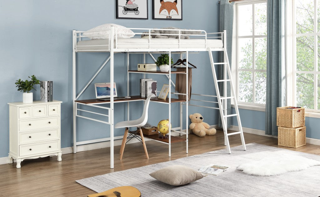 White Twin Size Metal Loft Bed With Desk and Shelves Image 4