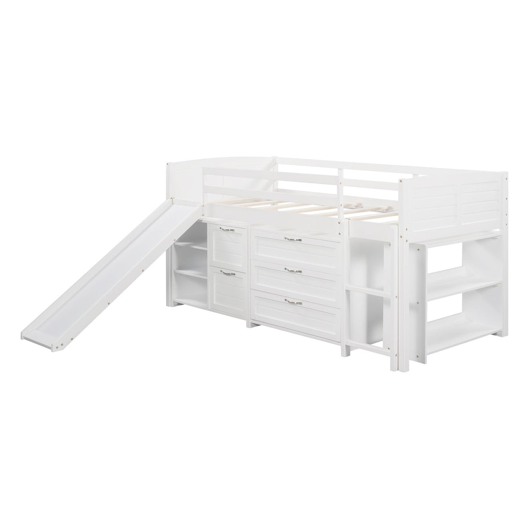 White Twin Size Low Loft Bed With Cabinets and Slide Image 5