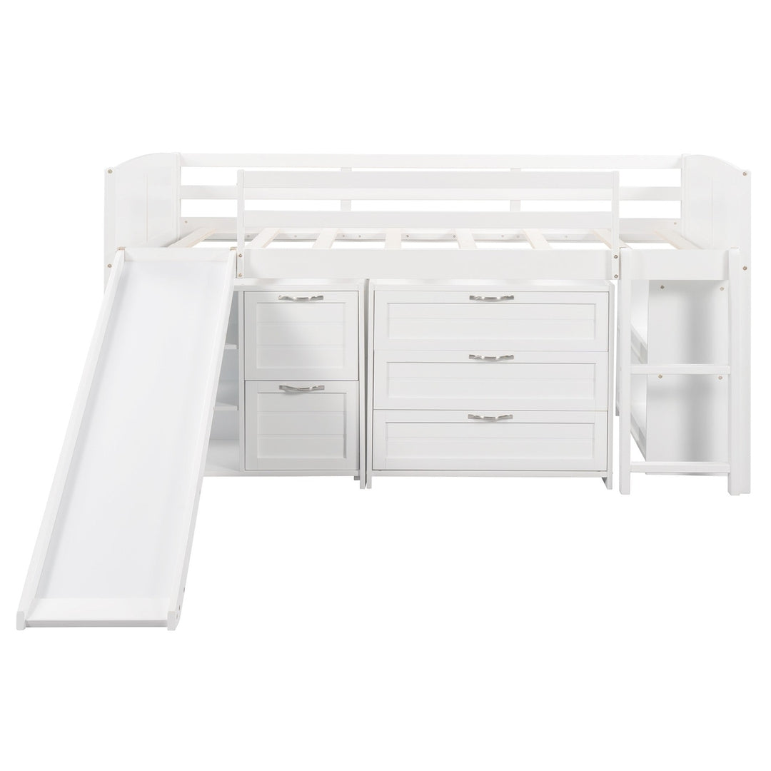 White Twin Size Low Loft Bed With Cabinets and Slide Image 6