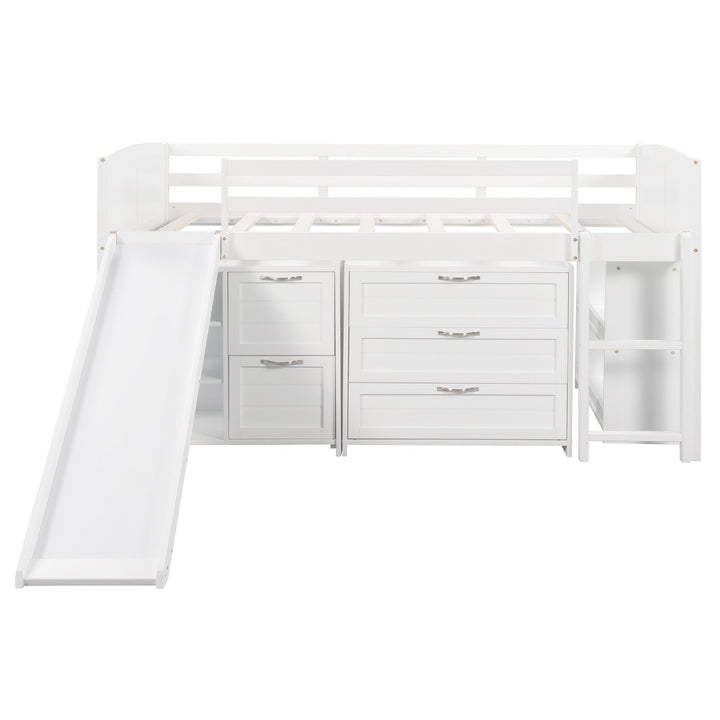 White Twin Size Low Loft Bed With Cabinets and Slide Image 6