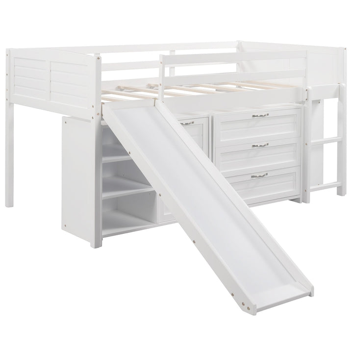 White Twin Size Low Loft Bed With Cabinets and Slide Image 7