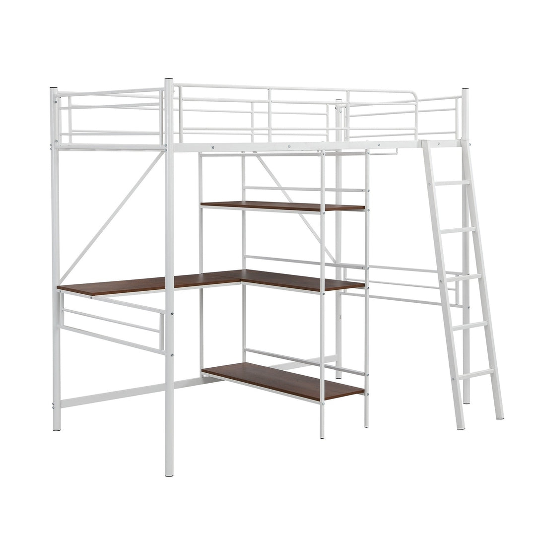 White Twin Size Metal Loft Bed With Desk and Shelves Image 5