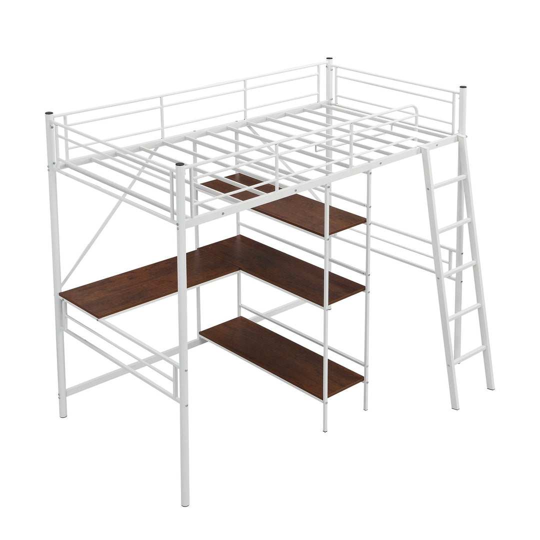 White Twin Size Metal Loft Bed With Desk and Shelves Image 6